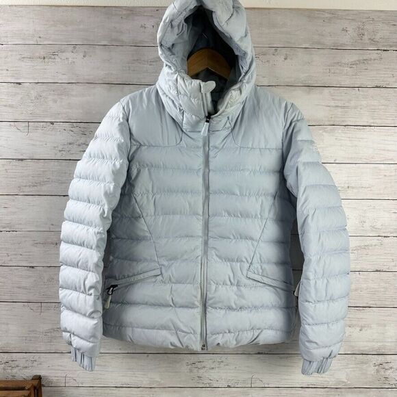 North Face Womens M 550 Down Puffer Jacket Goose Insulated Hooded Gray Aconcagua - Picture 1 of 16